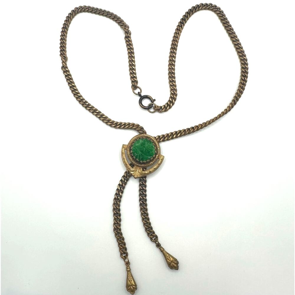 Antique vintage Victorian Revival brass molded green glass slider fob necklace